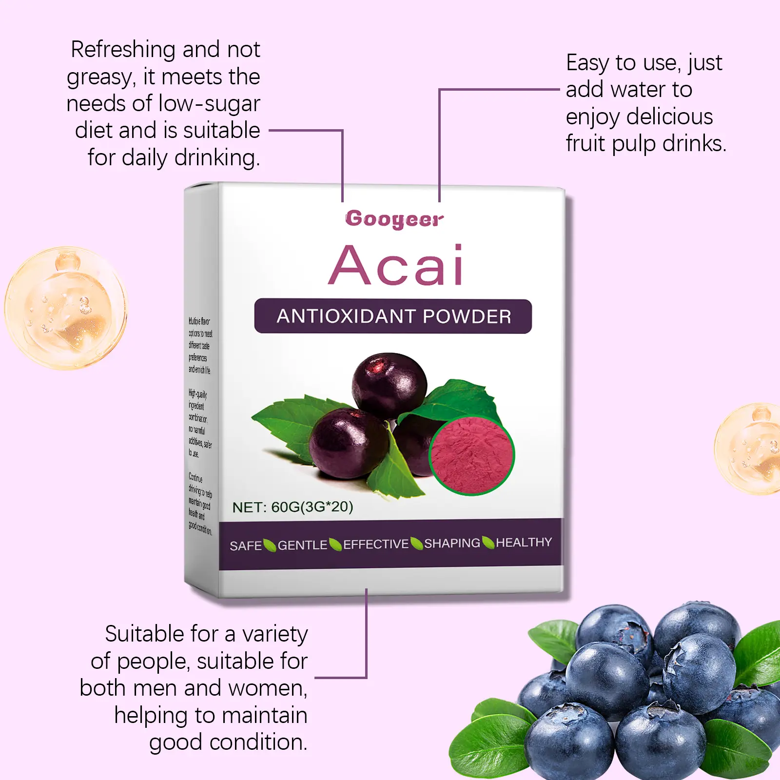 Antioxidant Drink Powder with Collagen Peptides - Blueberry Flavor 12 googeer antioxidant powder body GO A06 0003 01 4164