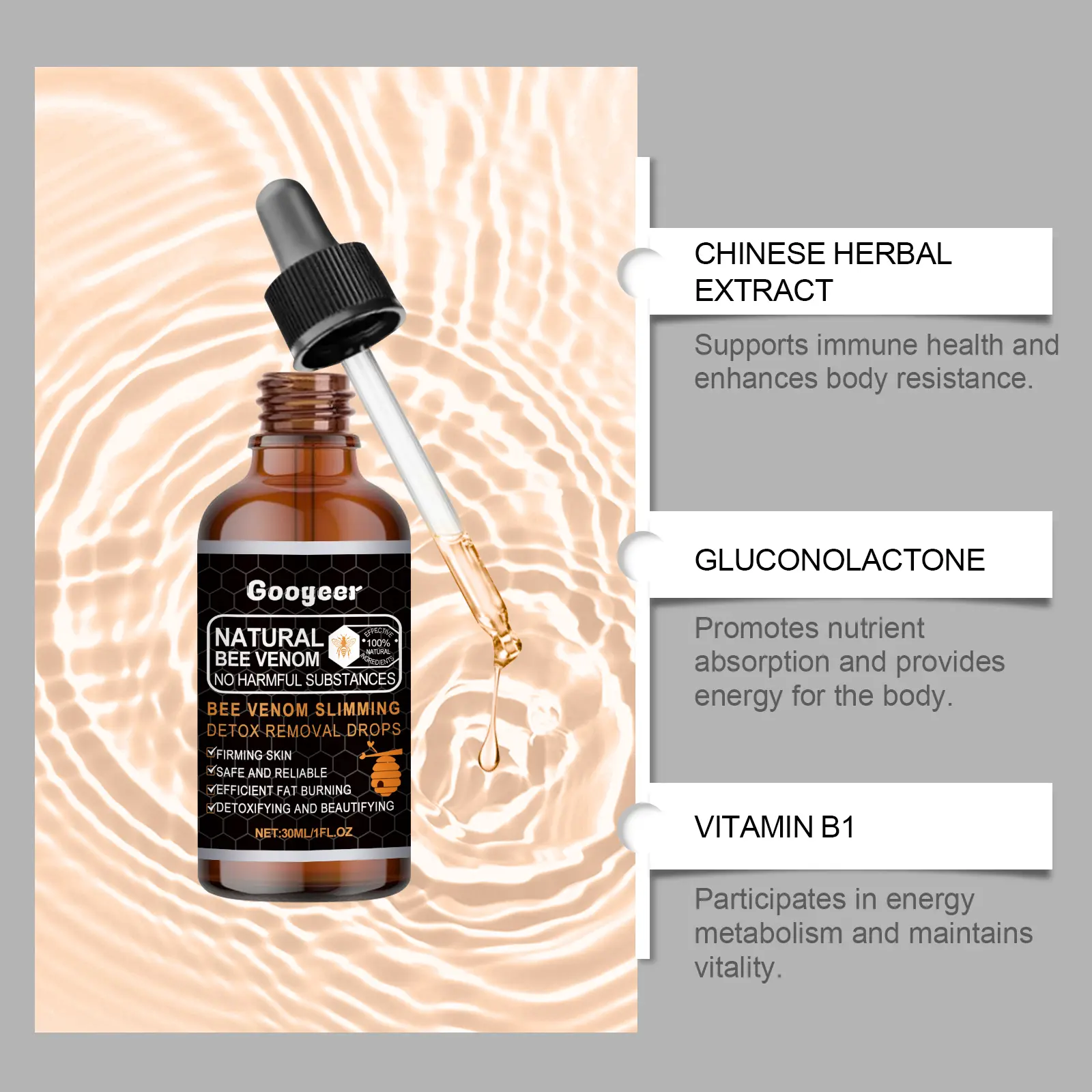 Bee Venom Dietary Supplement Drops with Vitamin B1 by Googeer 11 googeer bee venom slimming detox drops GO I02 0153 01 3670