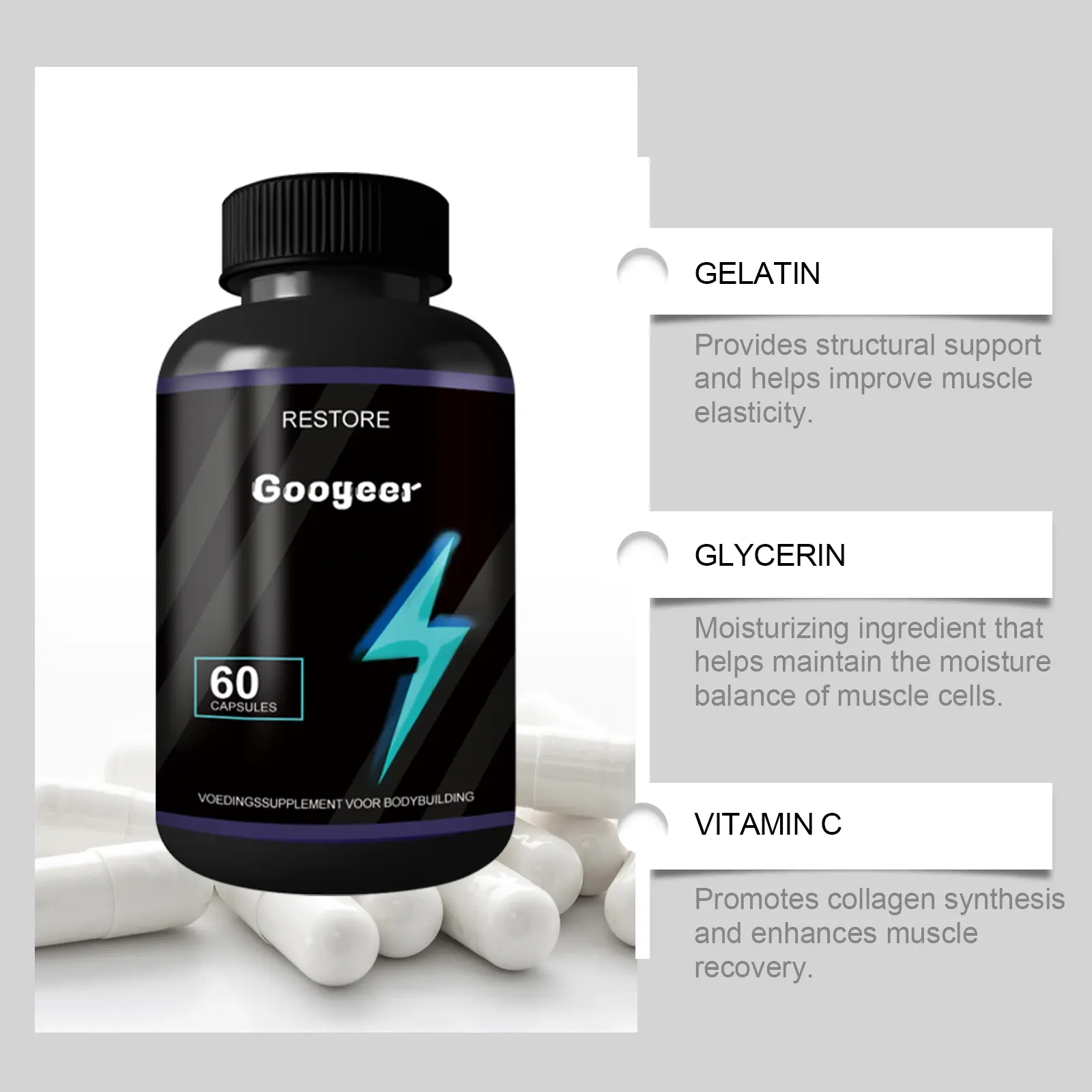 Muscle Support Dietary Supplement for Recovery and Growth - GoGetter 11 googeer bodybuilding supplement GO I02 0186 01 890