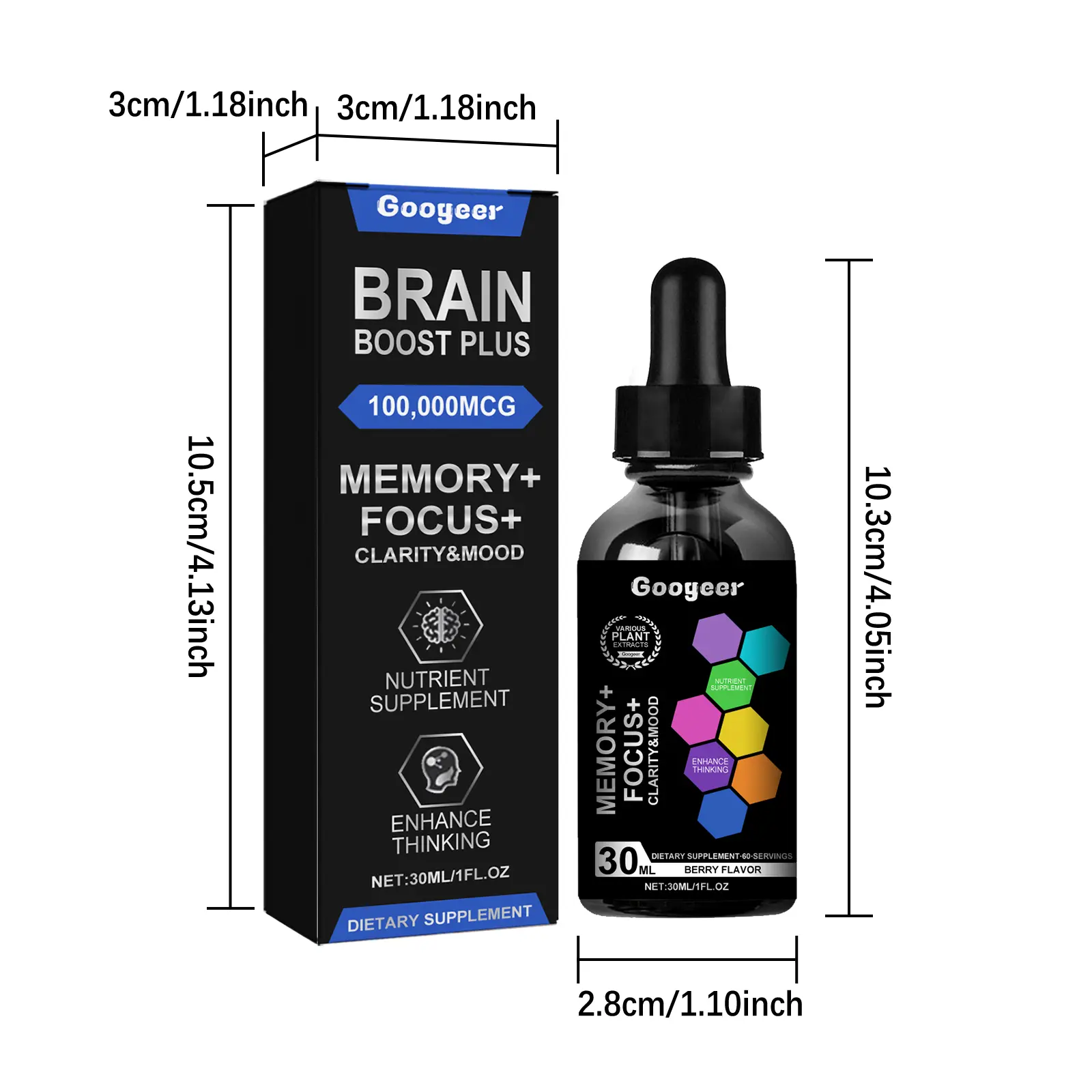 Brain Boost Plus Cognitive Support Drops with Ginkgo Biloba & Green Tea - Googeer 7 googeer brain boost plus anxiety fatigue GOI02 A005 30 BK1 661
