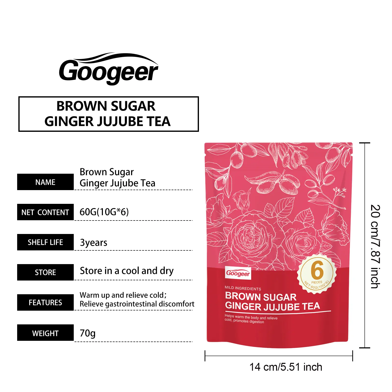 Brown Sugar Ginger Rose Herbal Tea - Warming & Relaxing Blend 7 googeer brown sugar ginger rose tea GO I03 0029 01 5124