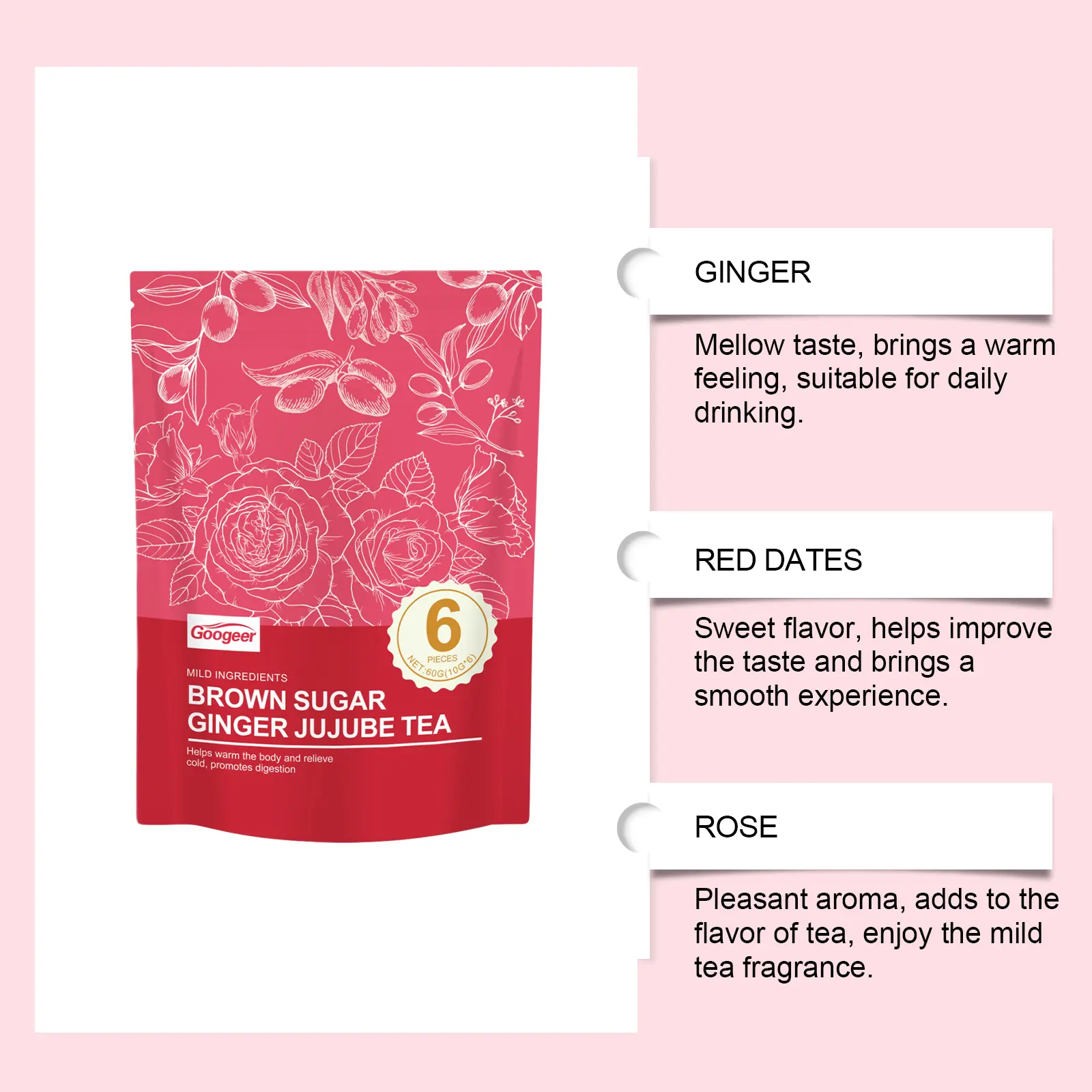 Brown Sugar Ginger Rose Herbal Tea - Warming & Relaxing Blend 14 googeer brown sugar ginger rose tea GO I03 0029 01 5129