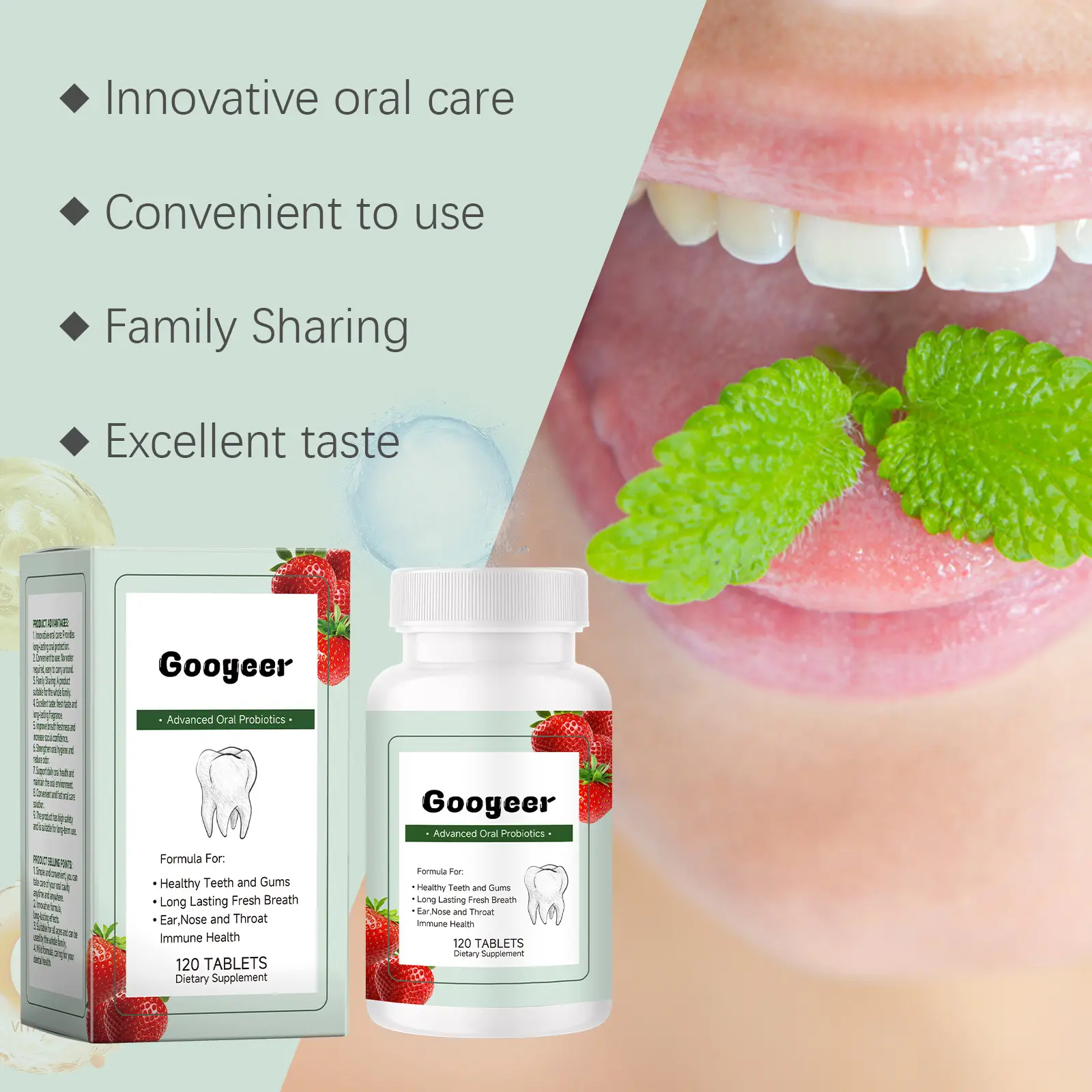 Dental Probiotic Supplement Tablets for Oral Health by Googeer 13 googeer dental chewable probiotic tablets GO B09 0001 01 480