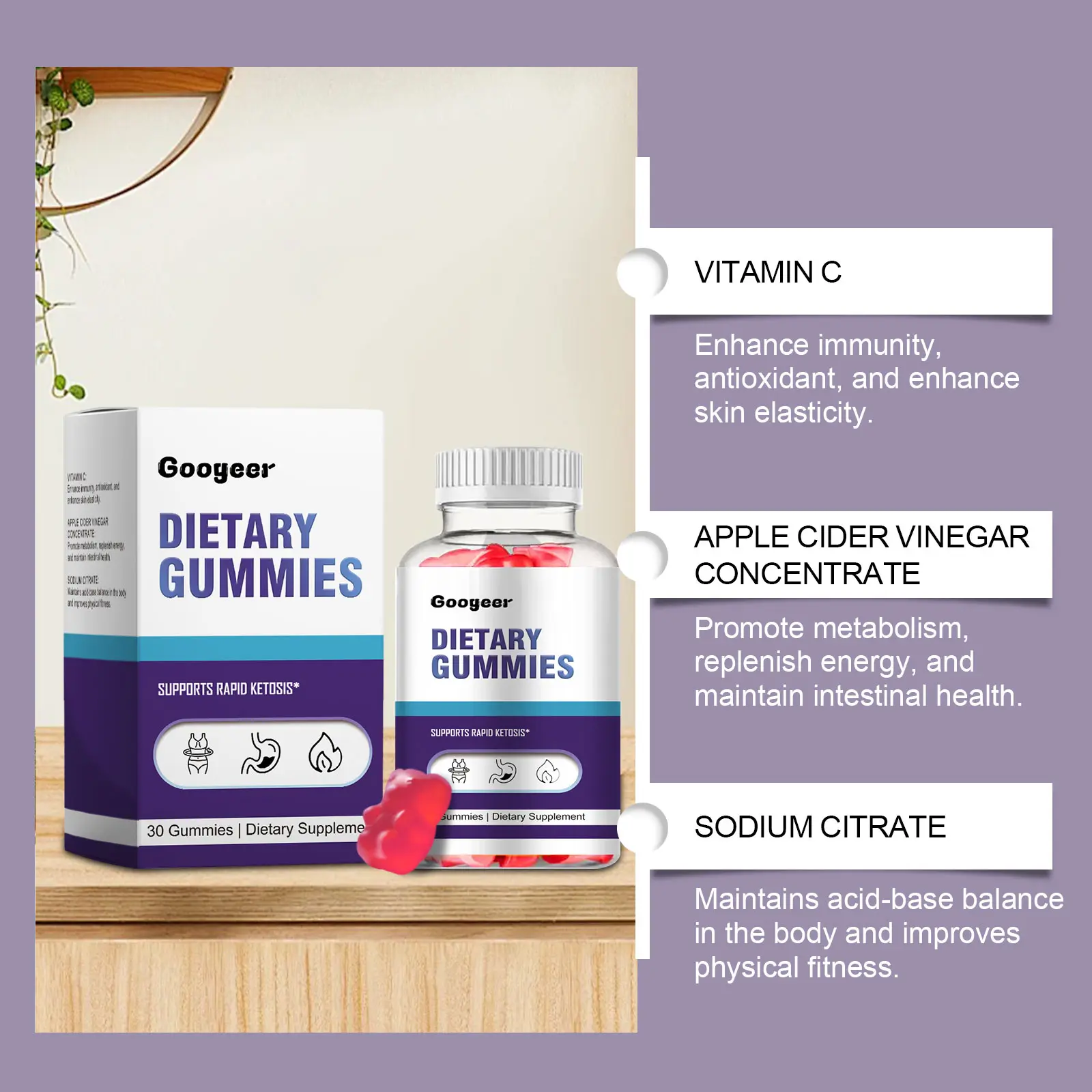 Apple Cider Vinegar Gummies Dietary Supplement by Googeer 13 googeer dietary gummies immunity apple GOB07 A051 30 WH1 2899