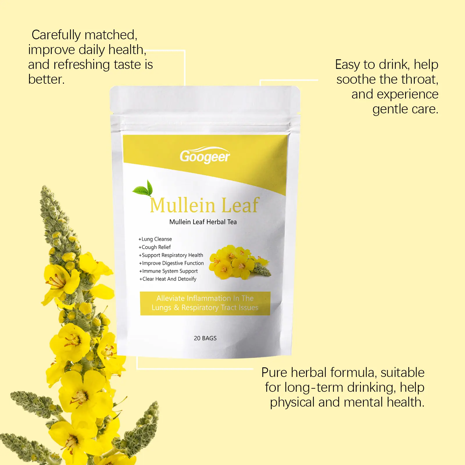 Herbal Lung Tea with Mullein Leaves - Soothing & Refreshing Formula 13 googeer herbal lung tea bag GO I01 0026 01 5139