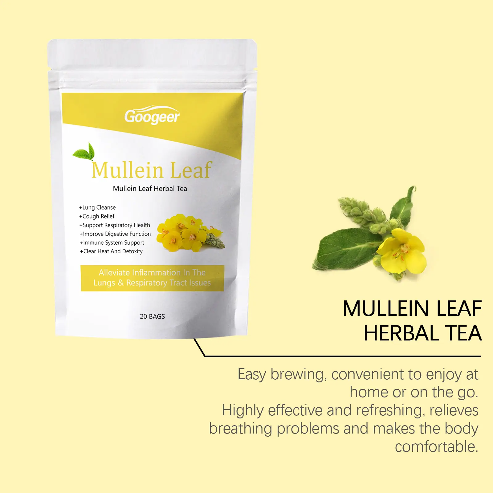 Herbal Lung Tea with Mullein Leaves - Soothing & Refreshing Formula 14 googeer herbal lung tea bag GO I01 0026 01 5140
