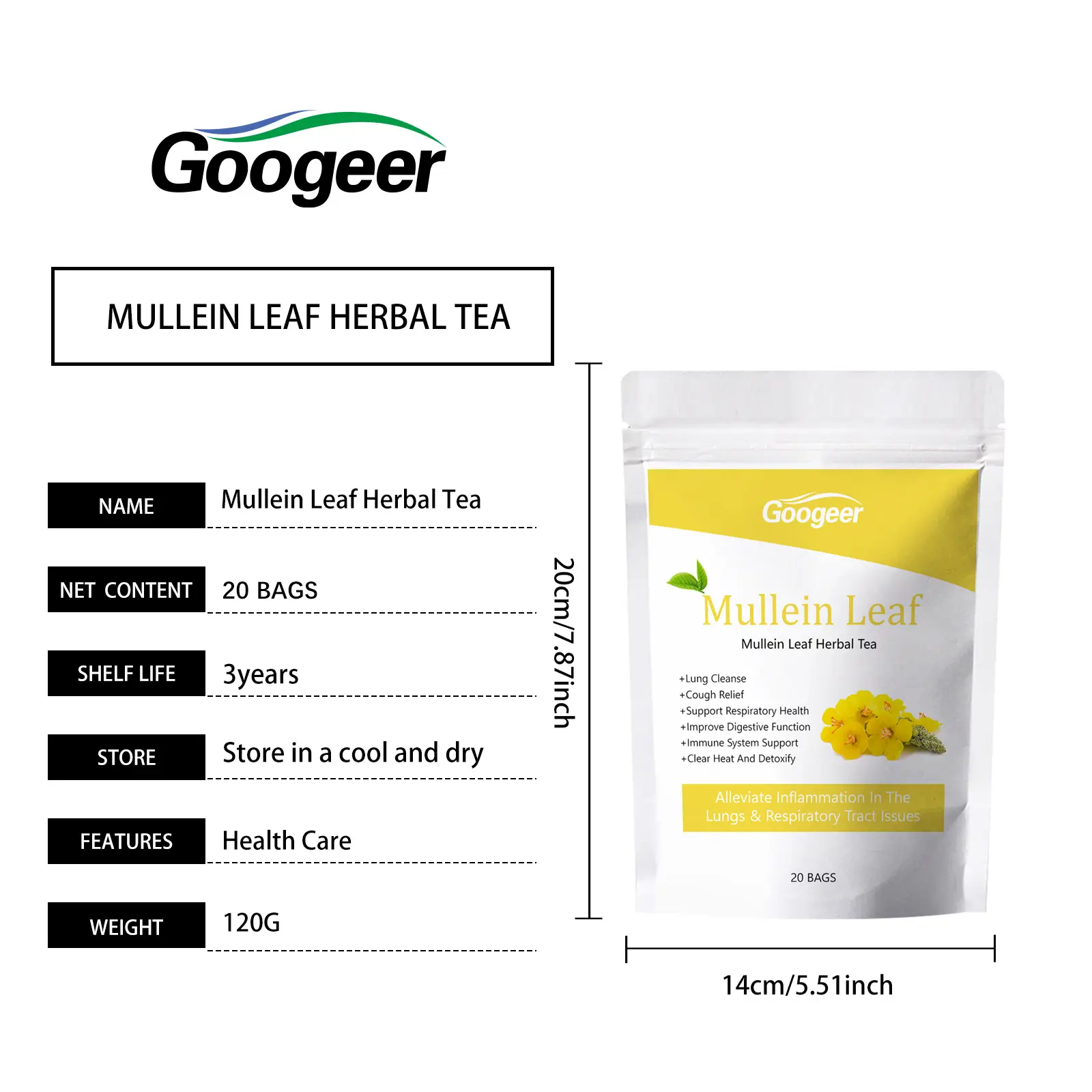 Herbal Lung Tea with Mullein Leaves - Soothing & Refreshing Formula 7 googeer herbal lung tea bag GO I01 0026 01 5778