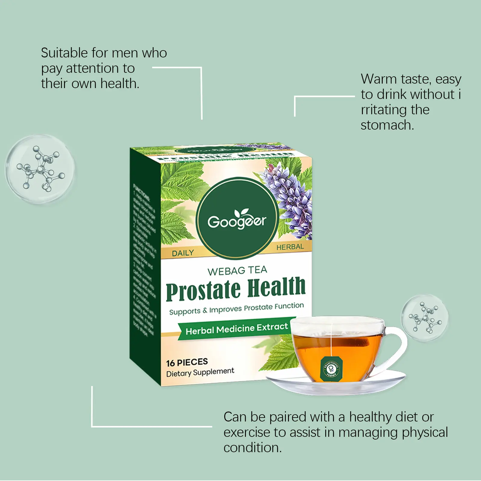 Herbal Prostate Health Tea - Green Tea & Dandelion Blend 14 googeer herbal prostate health tea body GO I01 0031 01 5726