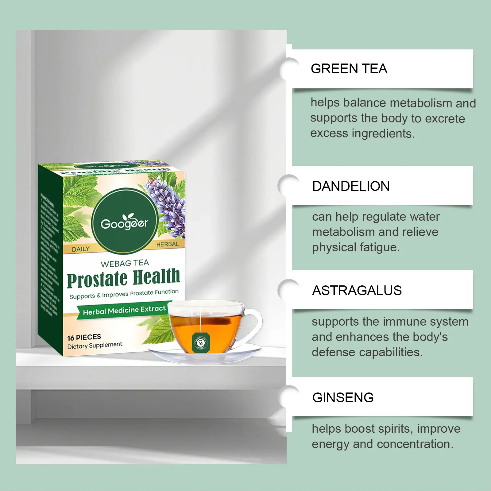 Herbal Prostate Health Tea - Green Tea & Dandelion Blend 13 googeer herbal prostate health tea body GO I01 0031 01 5732