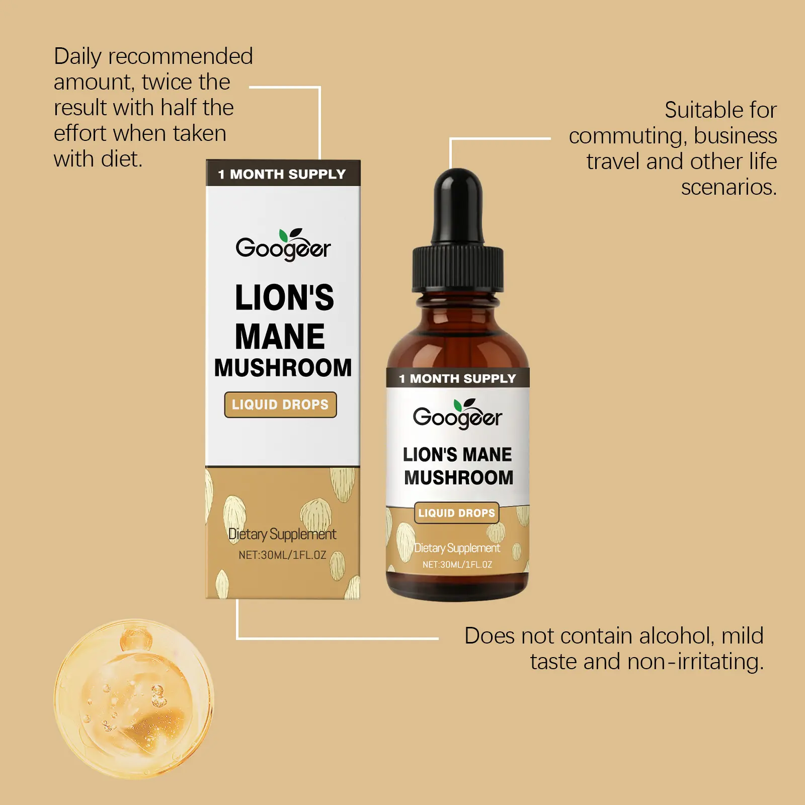 Lion's Mane Mushroom Liquid Drops - Cognitive Support Supplement 7 googeer mane mushroom liquid drops GO B10 0011 01 5282