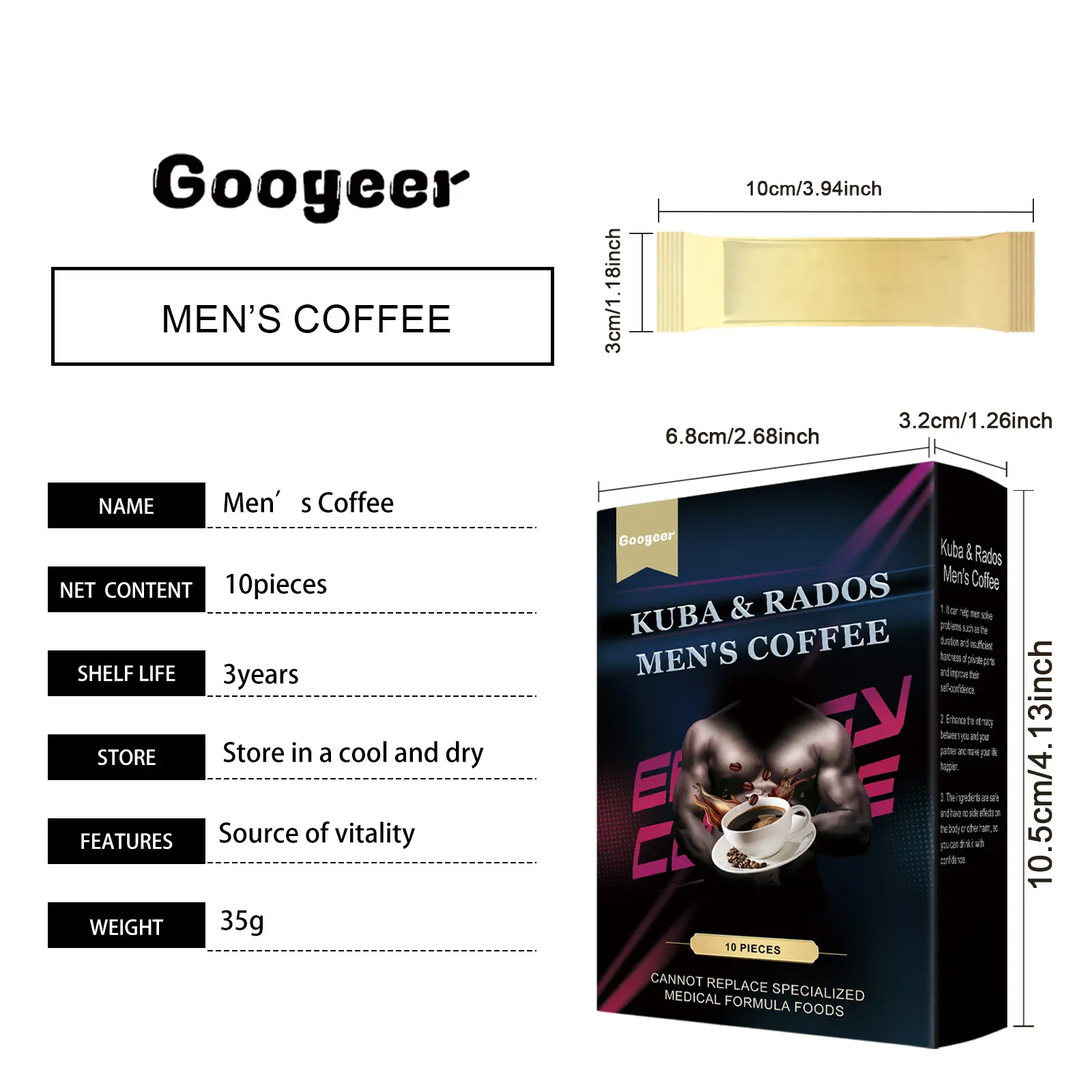 Men's Instant Coffee with Xylitol Sugar-Free Energy Boost - Googeer 7 googeer men coffee body treatment GOB11 A010 10 BU1 3444
