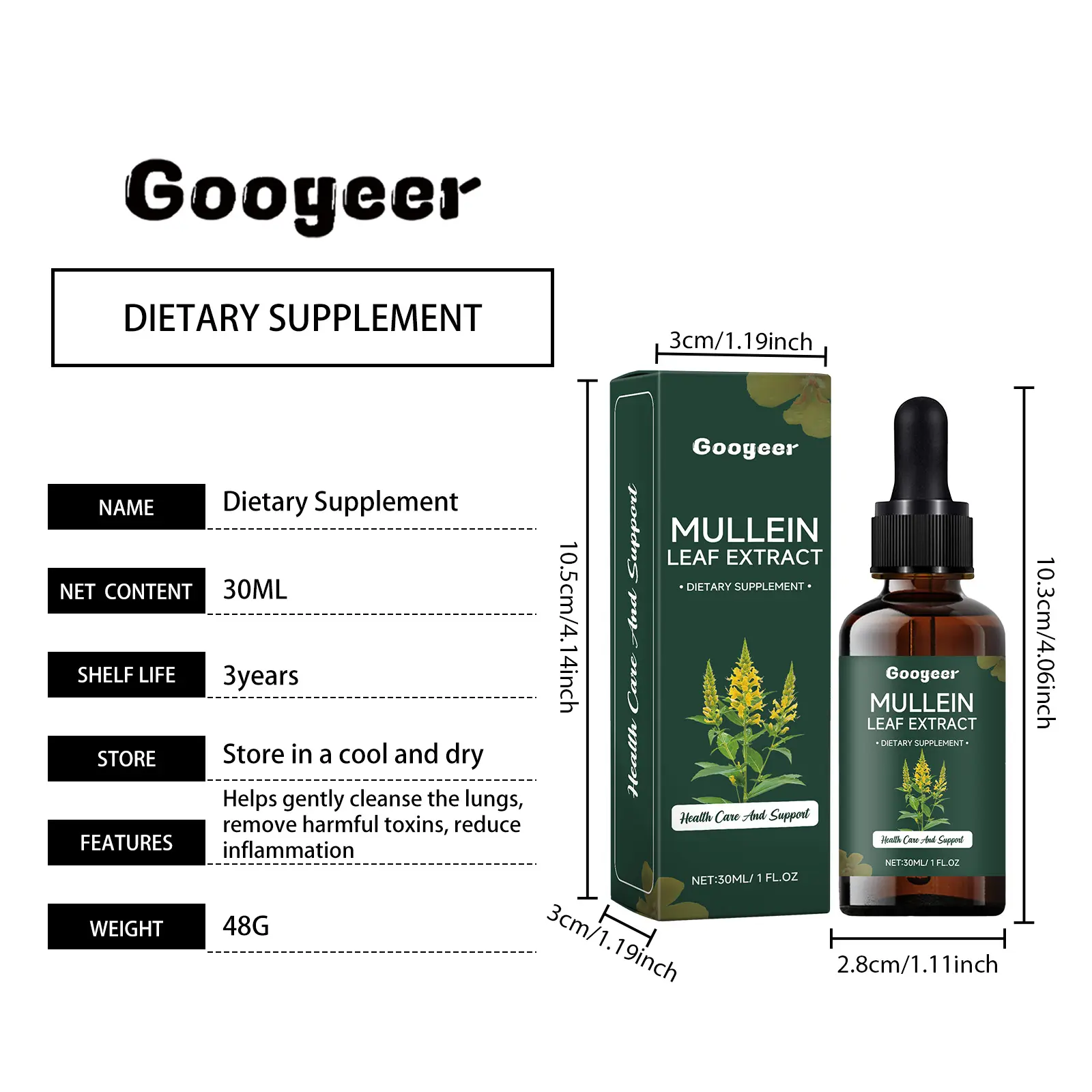Mullein Drops Herbal Dietary Supplement with Mint - Googeer 7 googeer mullein lung cleansing drops GO B07 0073 01 557