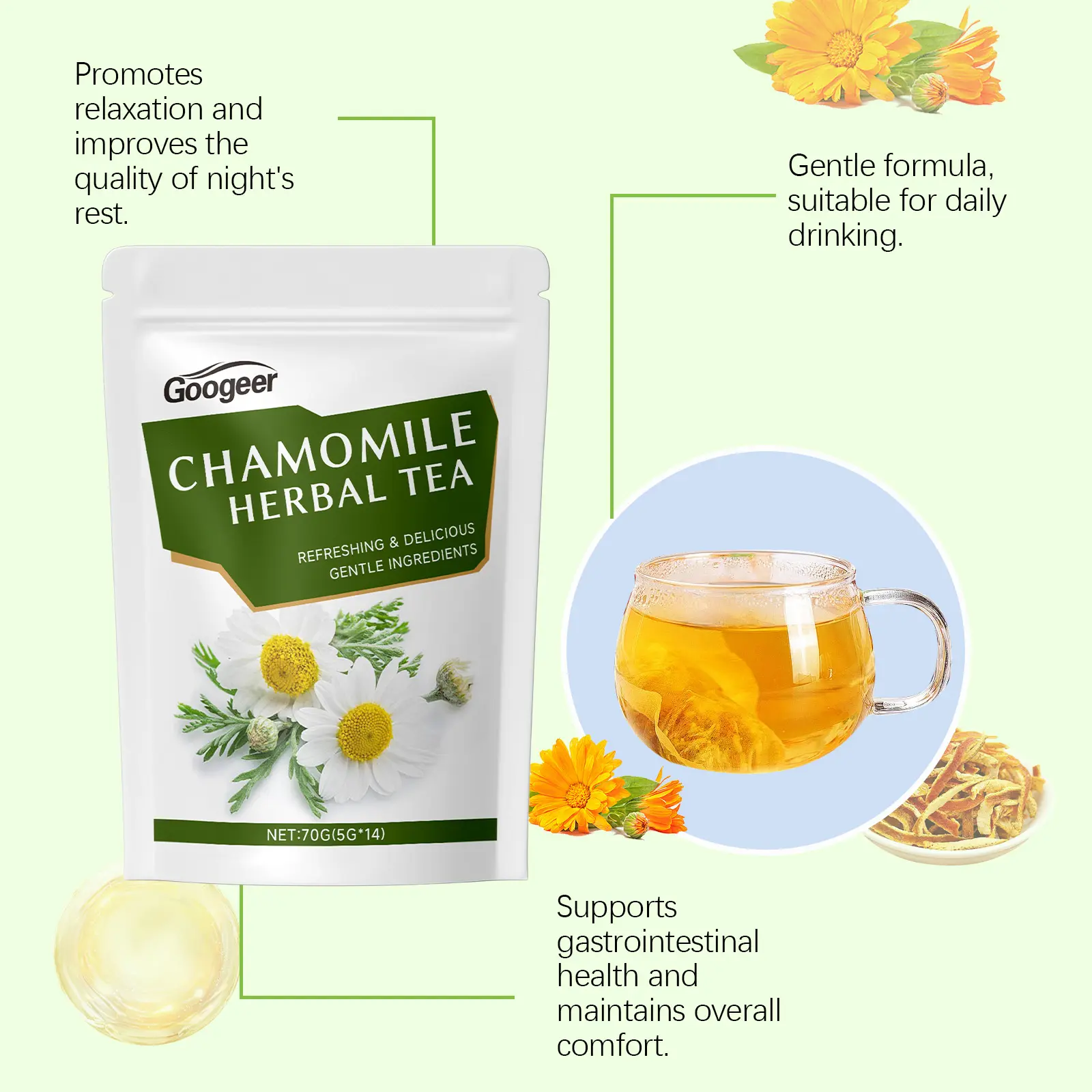 Chamomile Tea Bags with Orange Peel & Bergamot Soothing Blend Googeer 11 googeer natural chamomile tea bag GO I01 0023 01 525