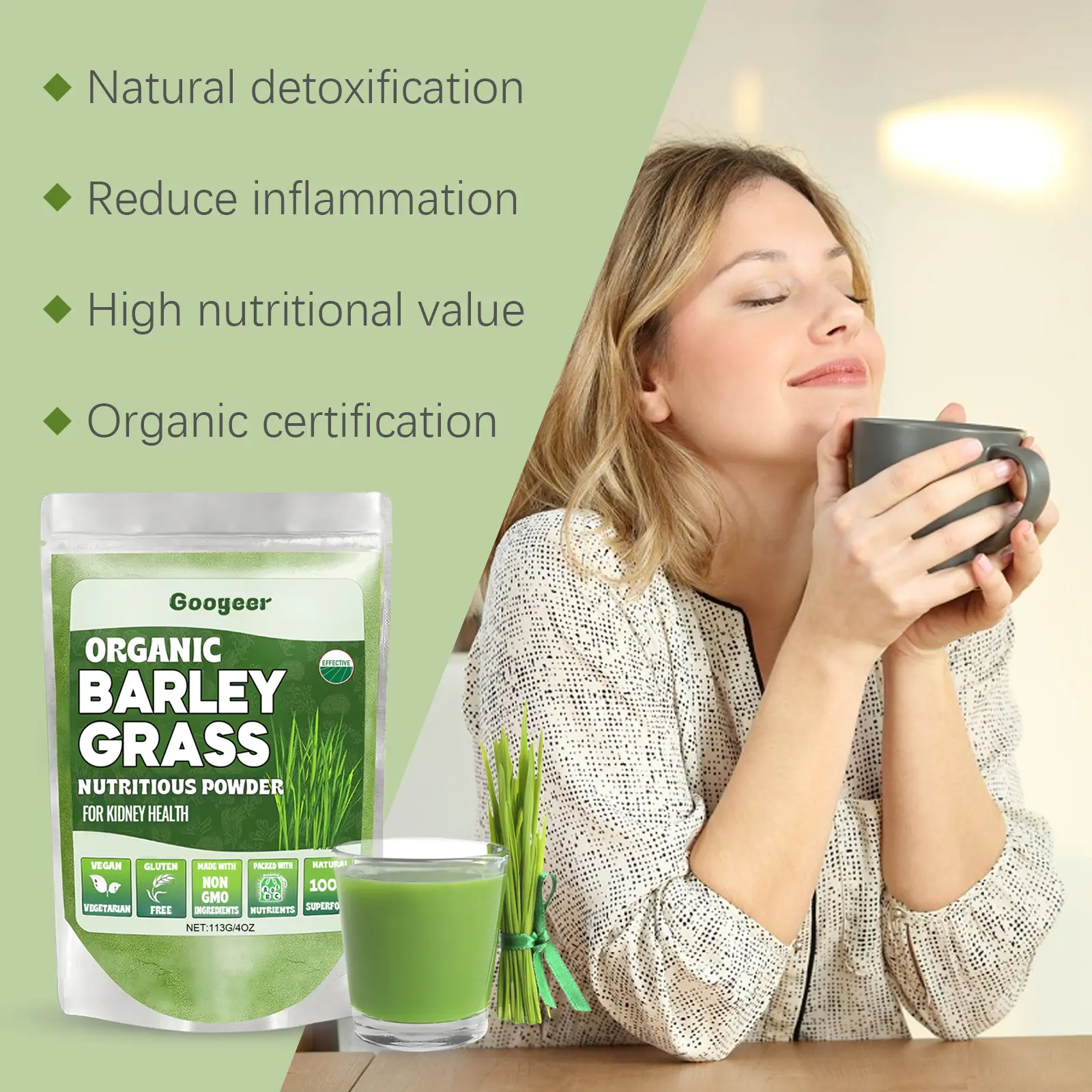 Organic Barley Grass Powder with Wheatgrass for Wellness | Googeer 12 googeer organic barley grass powder GOB07 A049 113 GN1 2853
