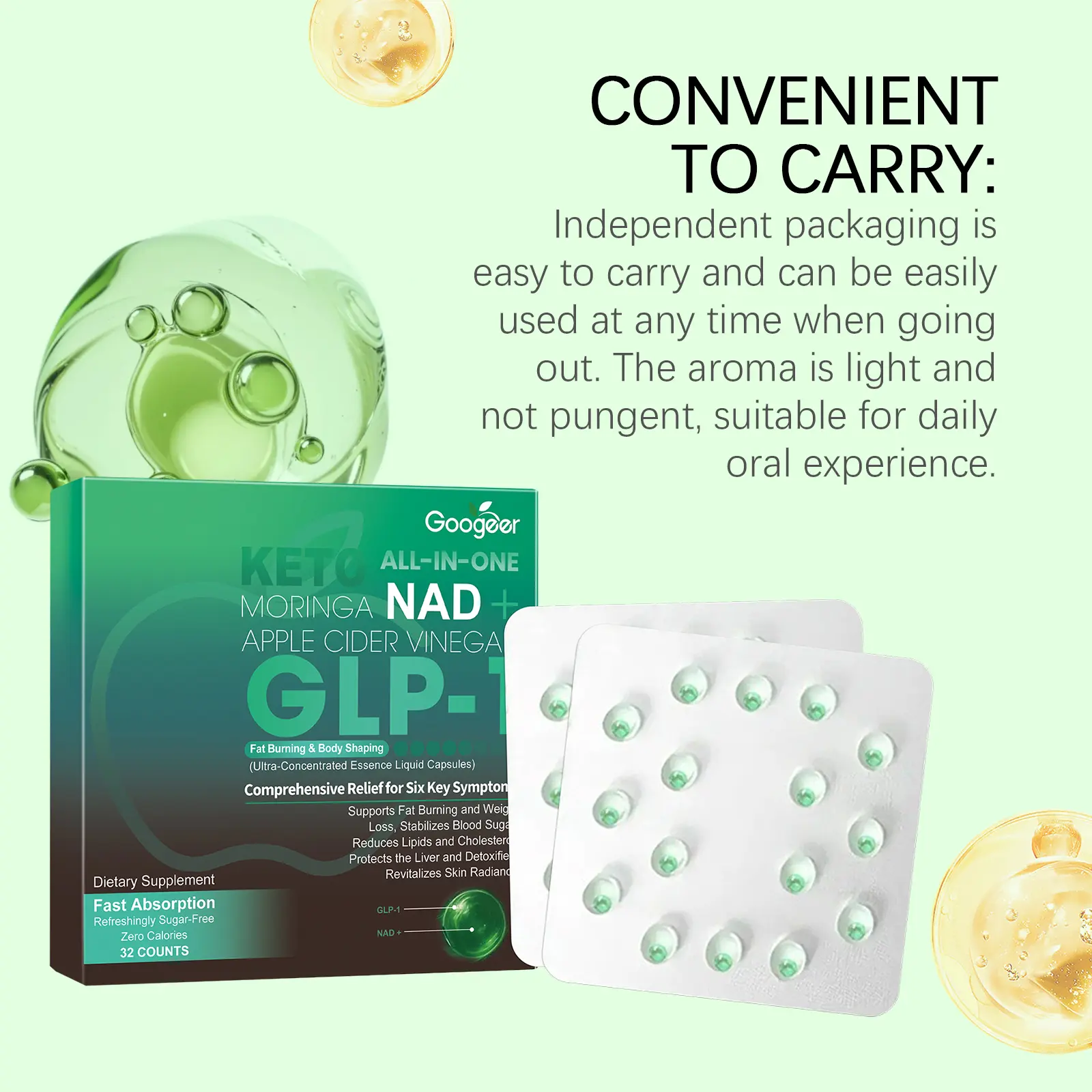 Apple Cider Vinegar & Moringa Leaf Popping Beads with NAD+ 14 googeer slimming healthy digestion GO I02 0230 01 5342
