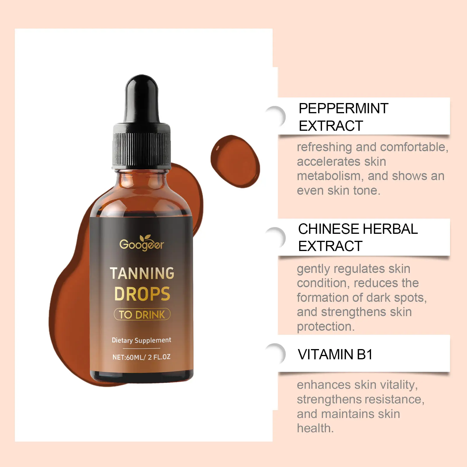 Skin Tone Drops Oral Supplement for Uneven Tone 14 googeer tan free tanning drops ingestion GO A06 0006 01 5163