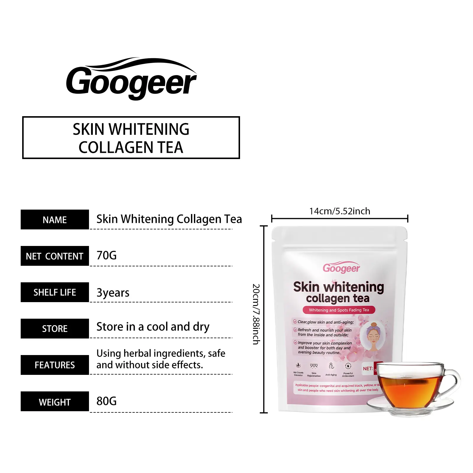 Brightening Collagen Tea for Skin Radiance with Green Tea & Tuckahoe - Googeer 7 googeer whitening collagen tea GO B06 0002 01 952